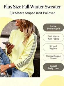 Plus Size Fall Winter Striped Raglan Sleeve Sweater, Crew‑Neck 3/4 Sleeve Loose Fit Daily Commuter Knit Top For Curvy Ladies - Pale Yellow - View 5