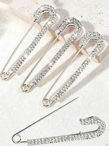 5 Shiny Silver Rhinestone Brooches - Women's Shirt Dress Collar Hat Accessories Safety Pin Faux Crystal Clip - Silver - View 1