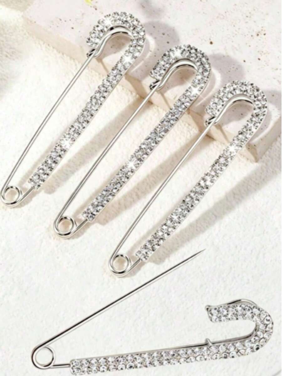 5 Shiny Silver Rhinestone Brooches - Women's Shirt Dress Collar Hat Accessories Safety Pin Faux Crystal Clip - Silver - View 1