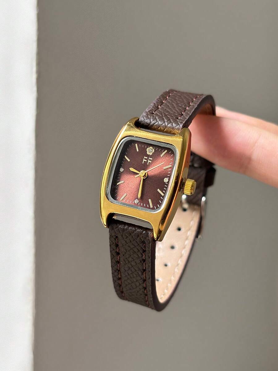 1pc Women's Minimalist Quartz Watch Small Square Brown Dial Adjustable Brown PU Strap Simple Stick Markers Suitable For Daily Wear - Brown - View 1