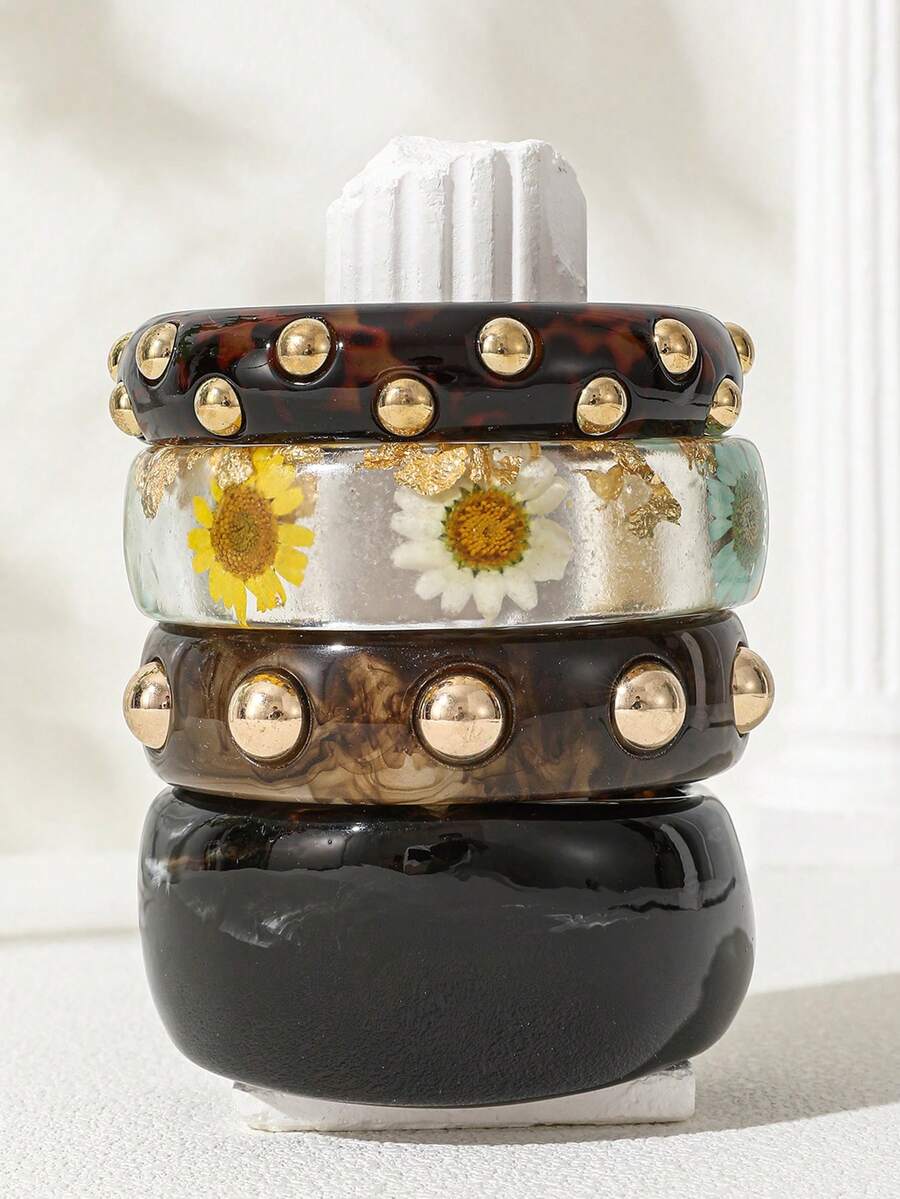 1pc European & American Exaggerated Large Rivet Daisy Resin Bracelet, INS Punk Western Cowboy Personalized Geometric Round Asymmetric Bangle Jewelry, Versatile Women's Accessory - Multicolor - View 1