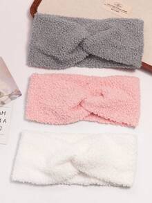 3-Piece Oversized Autumn/Winter Teddy Bear Fleece Solid Color Cross Headband Face Tie Women's Casual Versatile Headband - Multicolor - View 8