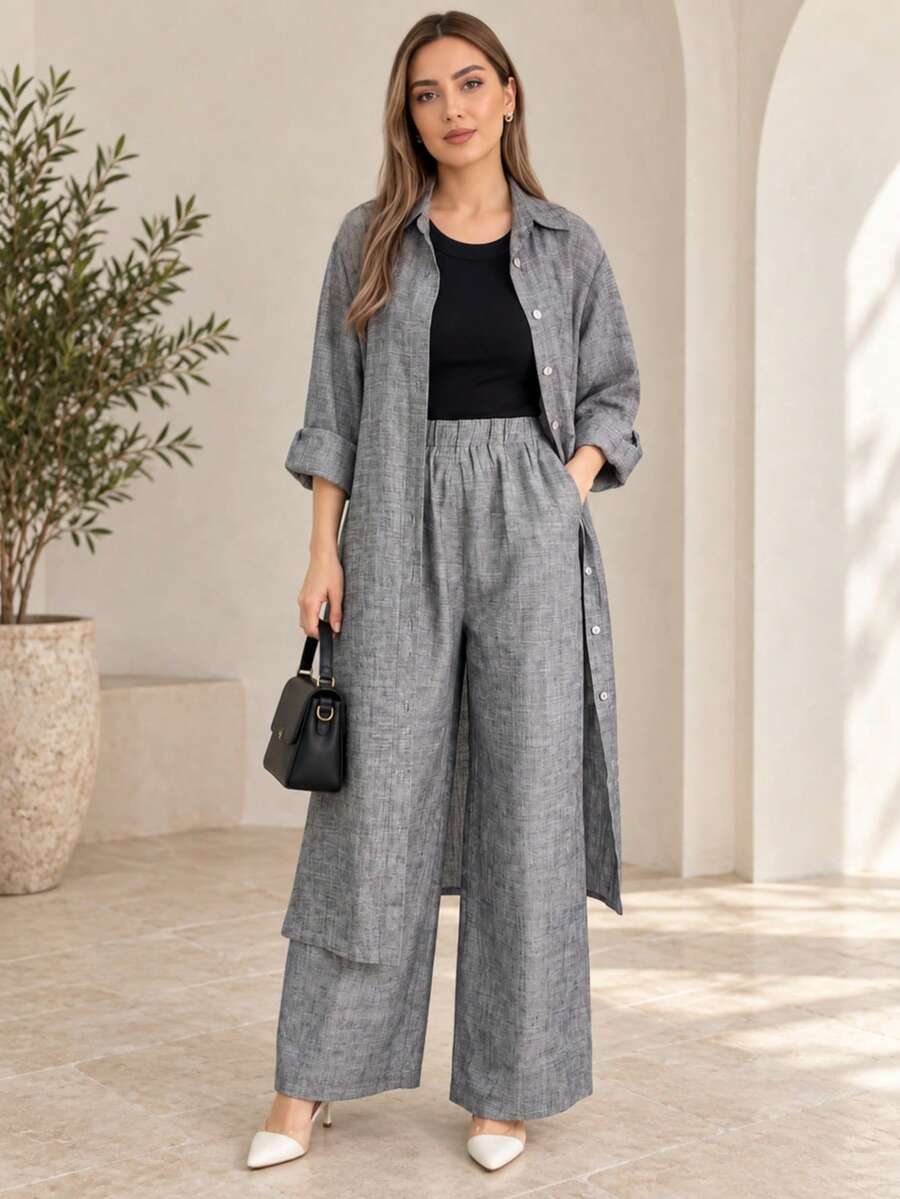 Women's Spring/Autumn Fashion Casual Lapel Long Sleeve Solid Color Top And Solid Color Pants Minimalist Daily 2-Piece Set - Grey - View 1