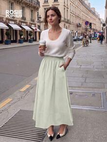 ROSIE POPHUB Women's Elegant Green Long Skirt, Elastic Waist, Casual Style With Pockets, Suitable For Daily, Office And Campus Looks, Fall & Winter - Green - View 2