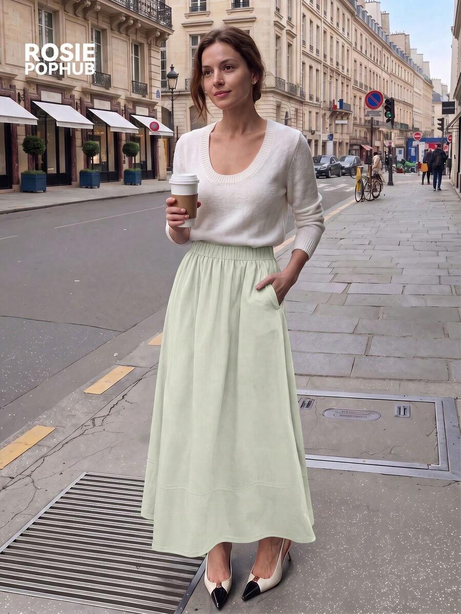 ROSIE POPHUB Women's Elegant Green Long Skirt, Elastic Waist, Casual Style With Pockets, Suitable For Daily, Office And Campus Looks, Fall & Winter