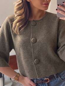 Women's Fashion Knitted Short Cardigan, 3/4 Sleeve, Regular Sleeve Length, Button Detail, Regular Hem, Autumn Essential - Maroon - View 1