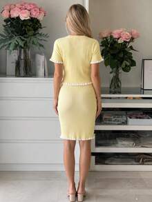 Women's Ribbed Knit Dress Set, Short Sleeve Cropped Top With Fitted Bodycon Skirt, Ruffle Trim And Decorative Buttons, Casual With Slight Stretch - Yellow - View 6