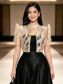 現代菲律賓風情女式上衣 1件裝 蝴蝶袖開襟上衣 適合日常、節慶、辦公室穿著 - 香檳色 - 查看 5