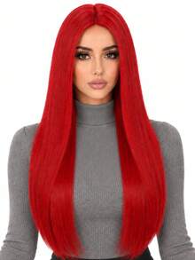 28 Inch Red Middle Part Straight Hair Wig, Comfortable Wear, Suitable For All Women Party Ball Dress Up Long Straight Wig. - Red - View 7
