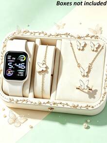 6/1pc Pink Silicone Strap Electronic Watch + Butterfly Necklace, Bracelet, Earring, Ring Set, Watch Features Time Display, Minimalist Square LED Dial Versatile Daily Wear, Sweet Girl Style Matching Current European & American Butterfly Accessory, Suitable For Birthday, Valentine's Day, Holiday, Back To School Gifts, Designed For Girls - Multicolor - View 9