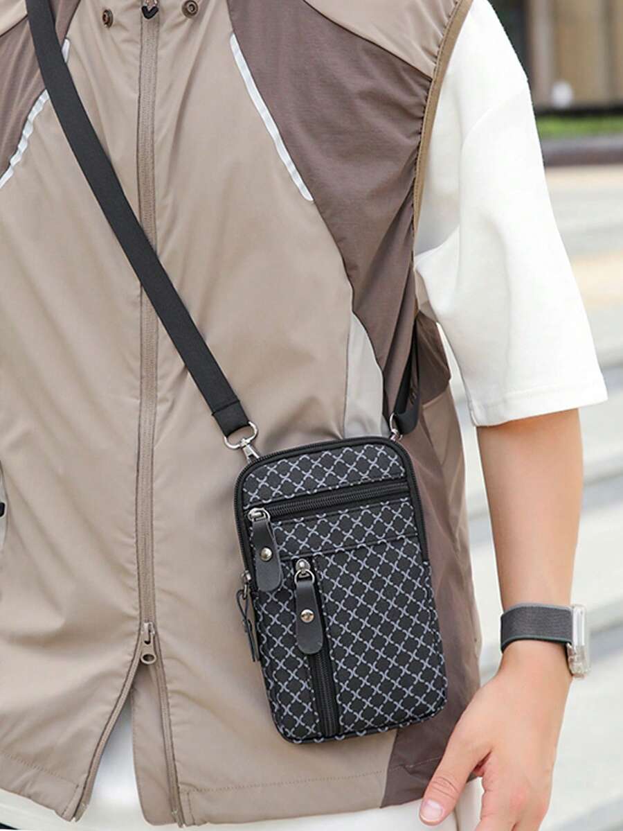 Vintage Floral Multifunctional Waist Bag For Men's Outdoor Cycling, Portable Mobile Phone Bag, Multi-Layer Zipper Storage, Lightweight Crossbody Bag - Black - View 1