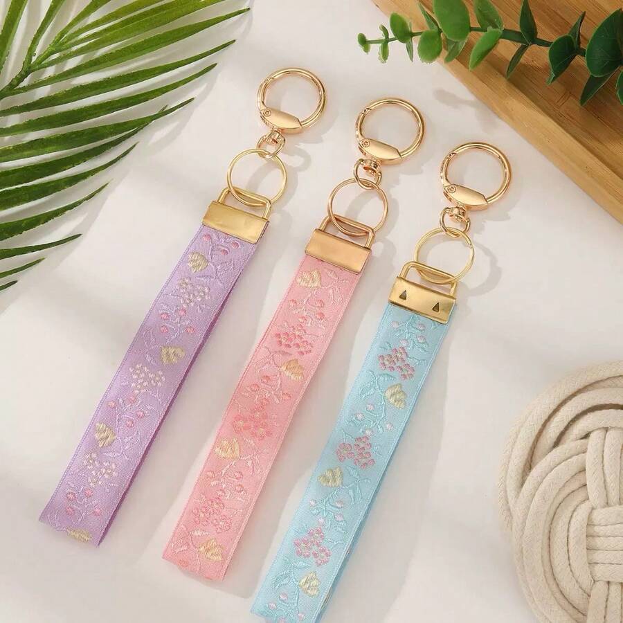 1/3pcs New Vintage Wrist Strap With Floral & Geometric Pattern, Short Printed Woven Key Chain Lanyard - A - View 1