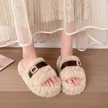 Women's Plush One-Strap Slides, Metal Buckle PU Leather Strap Open Toe Fluffy Thick Sole Warm Indoor Outdoor Slippers For Autumn Winter - Beige - View 6