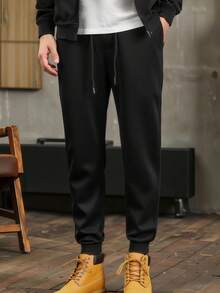 All-Match Pure Black Draped Sports Long Pants For Boys And Teens, Side Pockets, Cuffed Hem, Elastic Waist, Comfortable And Breathable, Casual Sweatpants For Daily Wear And Street Style - Black - View 1