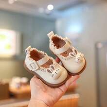 1 Pair Baby Girl Sweet Mary Jane Shoes, Ruffle Decor Ankle Strap Flat Shoes, Soft Non-Slip Sole Toddler Walking Shoes - Beige - View 1