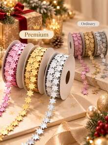 2 Yards Gold & Silver Star Ribbon Lace Small Roll Christmas Celebration Decoration Embossed Woven Tape, Suitable For Christmas Tree, Christmas Gift Packaging Material (Paper Core Not Included) - Star Belt - View 4
