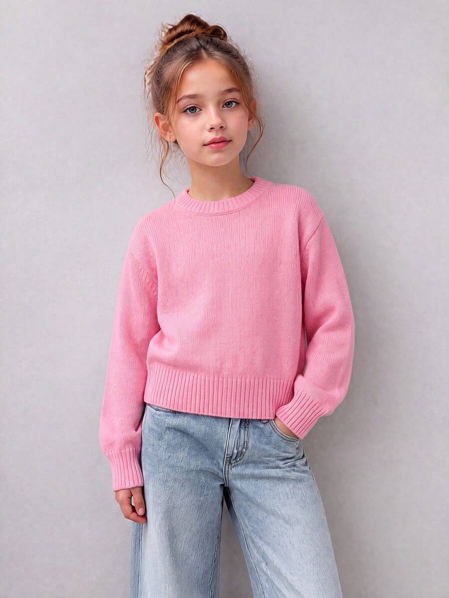 1pc Girls Big Tween Girl Round Neck Chunky Knit Sweater, Loose Lantern Long Sleeve, Ribbed Cuffs, Soft All-Match Versatile Style - Pink - View 1
