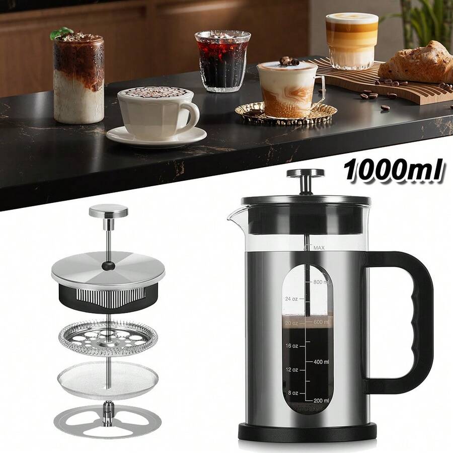 Coffee Machine, French Filter Press, Used To Filter Coffee, Loose Tea And Milk Foam, Stainless Steel Filter, Heat-Resistant Borosilicate Glass - Black - View 1