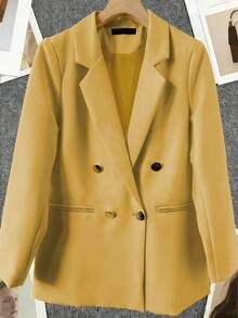 Spring/Summer Women's Solid Color Long Sleeve Double-Breasted Blazer, Notch Lapel | Suitable For Dates, Parties, Outings And Holiday Celebrations - Yellow - View 3
