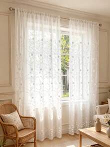 1pc Pastoral Style Embroidered Sheer Milk Silk Curtain Panel, Suitable For Living Room, Kitchen, Bathroom - White - View 6