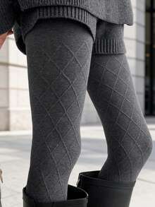 1 Pair Women's 200g Thick Knitted Rhombus Geometric Pattern High Elasticity Soft Breathable Tights, Suitable For Cold Weather, Winter Commute And Daily Wear - Light Grey - View 3
