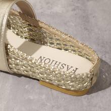 Women's Breathable Hollow Woven Metallic Square Toe Single Strap Low Heel Mule Shoes, French Vacation Style, Spring/Summer, Gold Faux Leather Mary Jane Slip-On Sandals - Gold - View 5