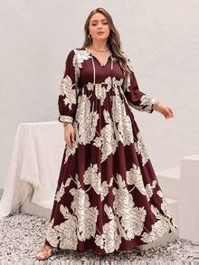 Rusttydustty Plus Size Women's Bohemian Style Loose Casual Burgundy Floral Print Maxi Dress, Suitable For Beach, Autumn, Halloween Vacation Elegant - Burgundy - View 7