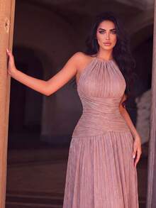 Sleeveless Halter Neck Elegant Flared Maxi Dress, Tie Back Design, Suitable For Formal Occasions, Parties, Weddings - Dusty Pink - View 3
