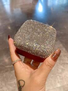 1pc Luxury Sparkling Artificial Rhinestone Jewelry Storage Box, Makeup Pad, Lipstick, Ring, Earring, Necklace Organizer, Travel Portable Bathroom Vanity Jewelry Box, Holiday Gift - Silver - View 3