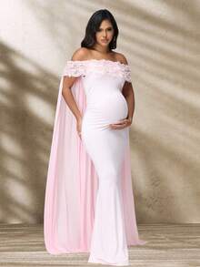 JustVH Maternity Floral Off-Shoulder Dress, Suitable For Baby Shower, Mesh Cape-Style Long Dress, Can Be Used As Photography Prop Spring Pink Fall - Pink - View 6
