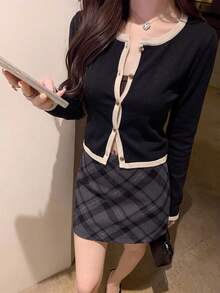 女款韓系甜美休閒對比鈕扣針織開襟衫，短版修身顯瘦上衣，溫柔減齡百搭長袖內搭/單穿，初秋新品，Ins風 - 黑色 - 查看 4