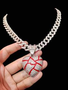 Men Women Punk Hip Hop Broken Heart Pendant Necklace Full Rhinestone Cuban Chain European American Rap Street Style Accessory - Silver - View 3