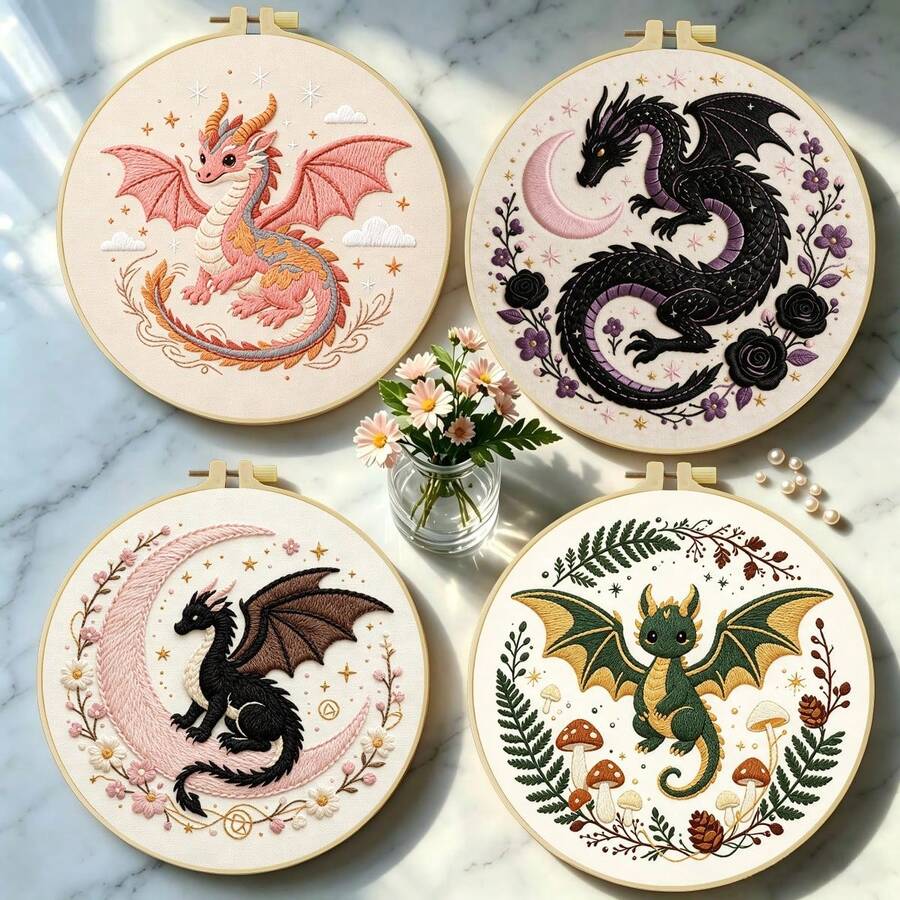 1PC 20*20cm/7.9*7.9in,Dragons Of Different Colours Embroidery Kit, DIY Handmade Embroidery Set For Adult Beginners, Home Gift, Women's Sewing Gift, Including User Manual, Printed Pattern Fabric, Embroidery Frame, Needle And Thread.