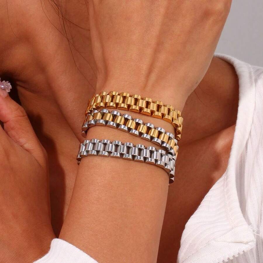 1pc 10mm Stainless Steel Metal Watch Band, 18K Gold Plated, Unisex - 10mm - View 1