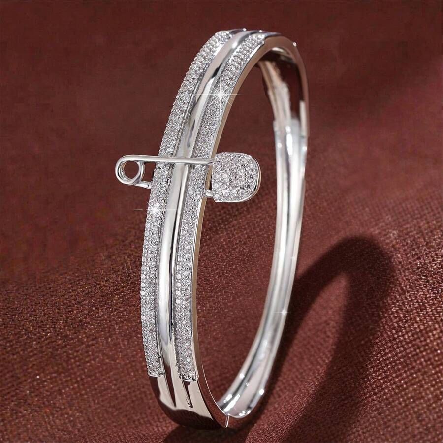 1pc Women's Fashionable Triple-Hoop Bracelet With Cubic Zirconia Stones - Multicolor - View 1