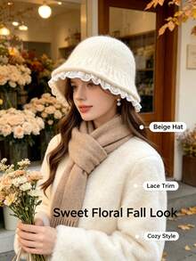 Women's Lace Trim Knitted Bucket Hat, Vintage Ruffle Edge Basin Hat, Soft Warm Woolen Cap For Autumn/Winter, Daily Outing Atmosphere Hat, 3 Colors Available - Multicolor - View 1