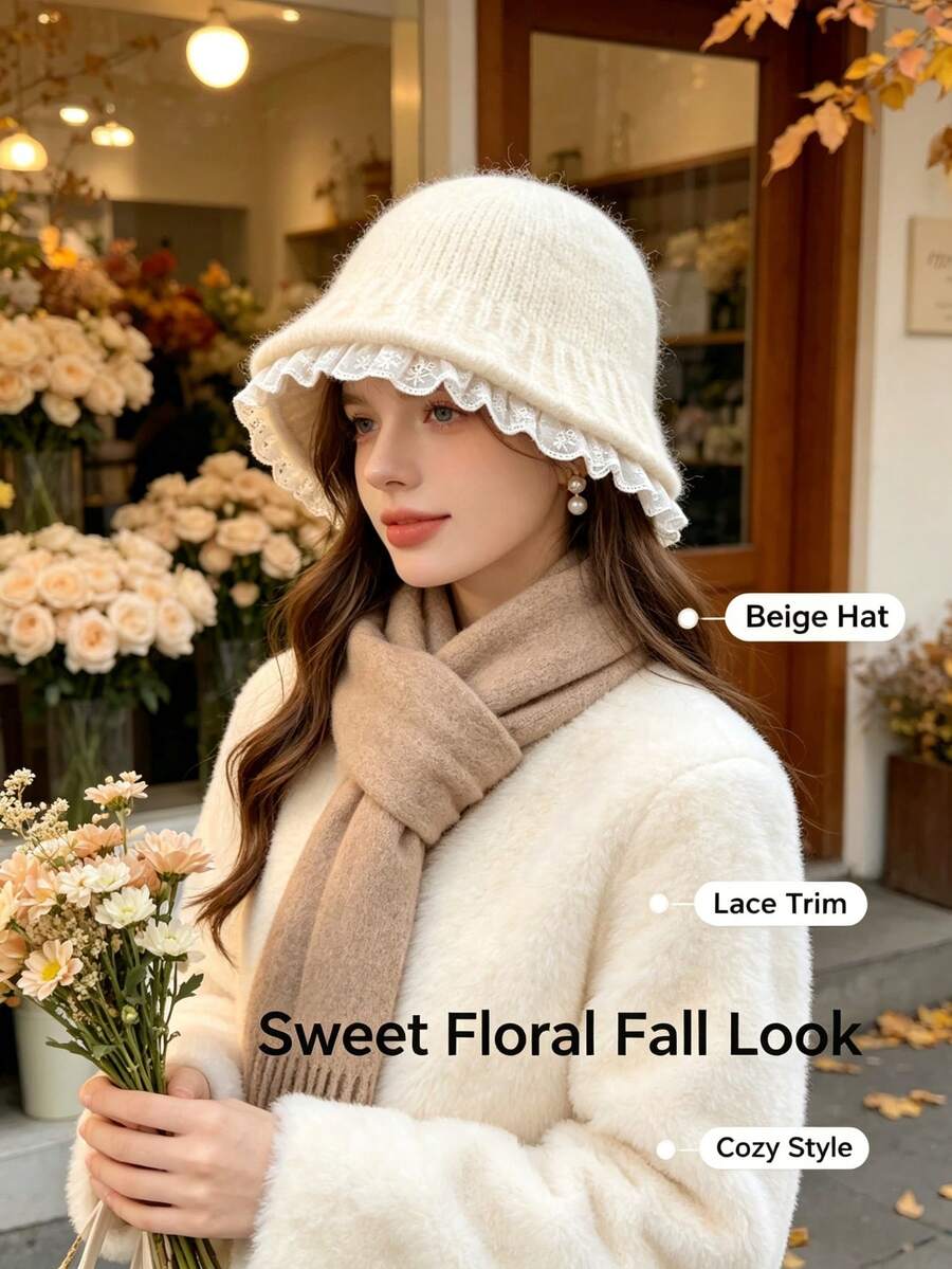 Women's Lace Trim Knitted Bucket Hat, Vintage Ruffle Edge Basin Hat, Soft Warm Woolen Cap For Autumn/Winter, Daily Outing Atmosphere Hat, 3 Colors Available - Multicolor - View 1