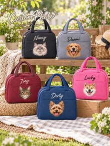 Personalized Pet Photo And Name Lunch Bag/Lunch Box, Custom Corduroy Lunch Box (Customizable Name), Suitable For Work, Travel And School. Suitable For Lunch Tote Bag, Back To School Gift - Multicolor - View 4