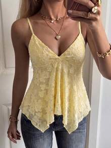 SCARLUX Fall Y2K Yellow Textured Pattern V Neck Asymmetrical Hem Cami, Casual Daily Wear Camisole Ideal For Back To School Summer - Yellow - View 4