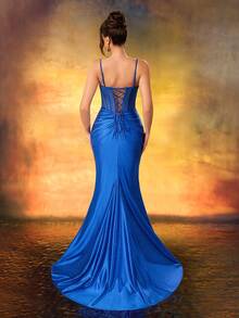 Women's Royal Blue Satin Long Dress, Rhinestone V-Neck Backless Design, High Waist Pleated Spaghetti Strap High Slit Design, Backless Tie Design - Royal Blue - View 6