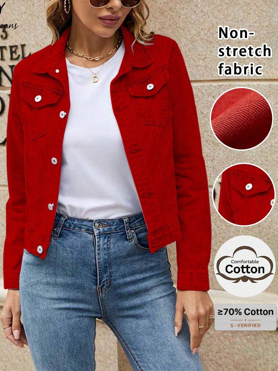 Women Denim Jackets & Coats Kantong Tombol Depan Plain Casual
