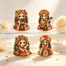 Cute Day Of The Dead Girl Enamel Pin Set, Sugar Skull Lapel Pins, Gothic Floral Skeleton Brooch For Backpack Clothing Hat, Halloween Gift For Friends - Multicolor - View 4