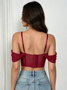 EZNV Lace Corset Top, Spaghetti Strap Mesh Cropped Bustier With Boning, Party Top - Burgundy - View 5