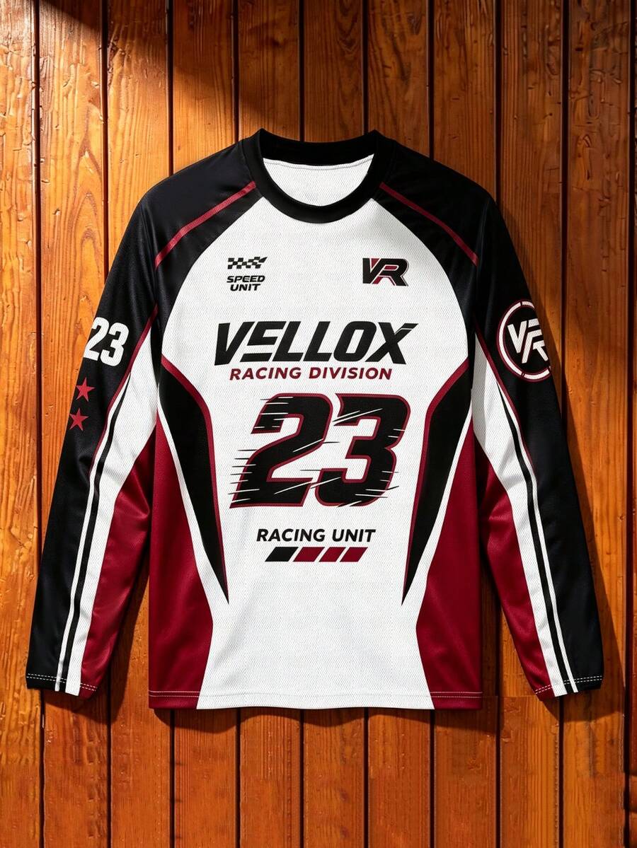 Men's Racing Long Sleeve T-Shirt, #23 Print Colorblock Mesh Crew Neck Racing Sports Shirt - Multicolor - View 1