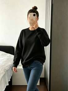 Women's Warm Thick Long Sleeve Crew Neck Pullover Sweatshirt, Regular Fit Ribbed Knit, Comfortable Choice For Autumn/Winter - Black - View 5
