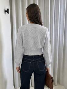 Mori 秋冬女款 Y2K 時尚毛茸茸針織開襟衫，鈕扣圓領短版上衣，街頭風穿搭 - 淺灰色 - 查看 5