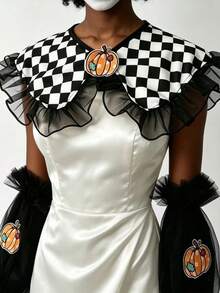 1 Set Black White Checkered Detachable False Collar And Mesh Hand Sleeves Set With Pumpkin Patch For Halloween Clown Cosplay Costume Party Accessory - A - View 2