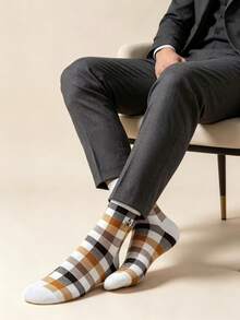 British Plaid Contrast Color Mid-Calf Socks, Pure Cotton, Horse Logo Embroidery, Business Casual Daily Wear Men's Socks - Multicolor - View 2