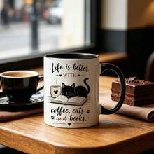 Life Is Better With Coffee, Cats And Books Coffee Mug, Black Cat Reading Books Pattern Ceramic Cup, Creative Birthday Holiday Gift For Cat Lovers, Book Enthusiasts, Bookworms - Multicolor - View 9