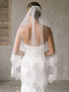 1 Pc 2 Tier Wedding Veil Fingertip Length Lace Applique Bridal Veil Blusher Veil With Metal Comb For Brides - Multicolor - View 1